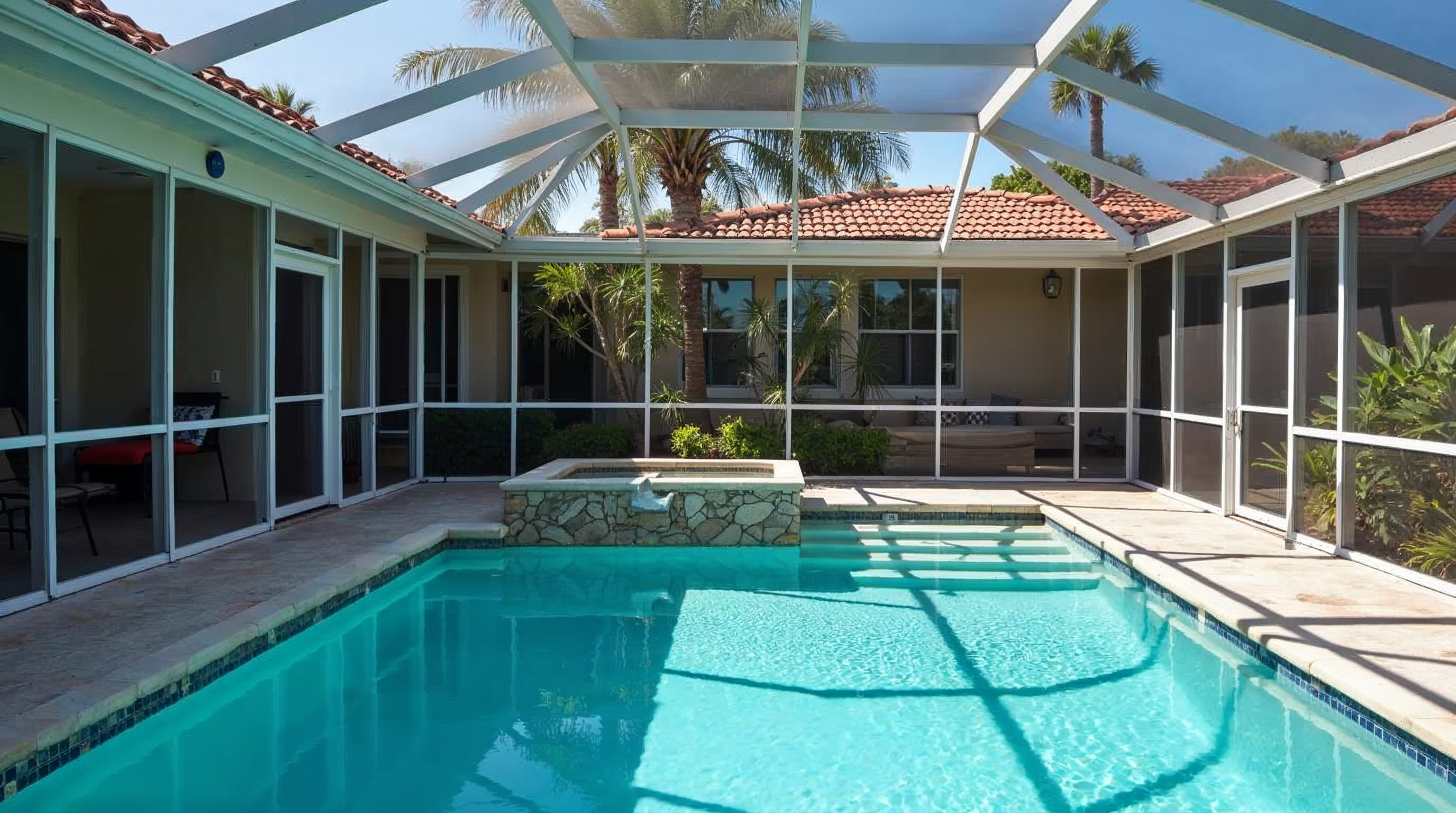 Privacy screen installation on pool cage Sarasota